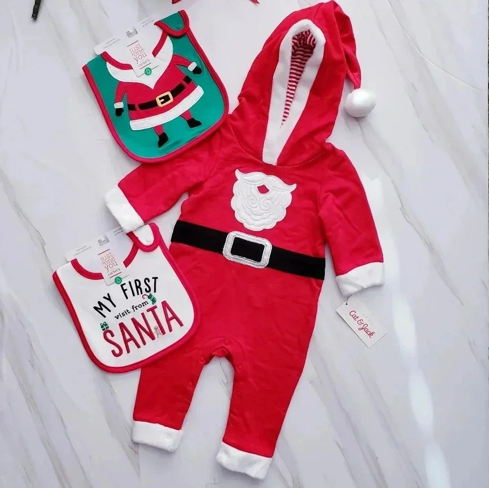Cat & Jack Baby Lot Santa Outfit & 2 Bibs Carter's Christmas Holiday
